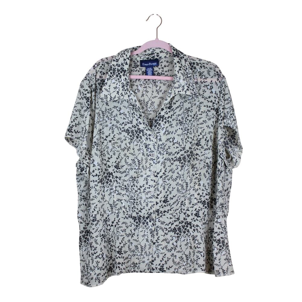 Evan-Picone Woman Taupe Floral V-neck Short Sleeve Button Up Blouse Top Size 24W